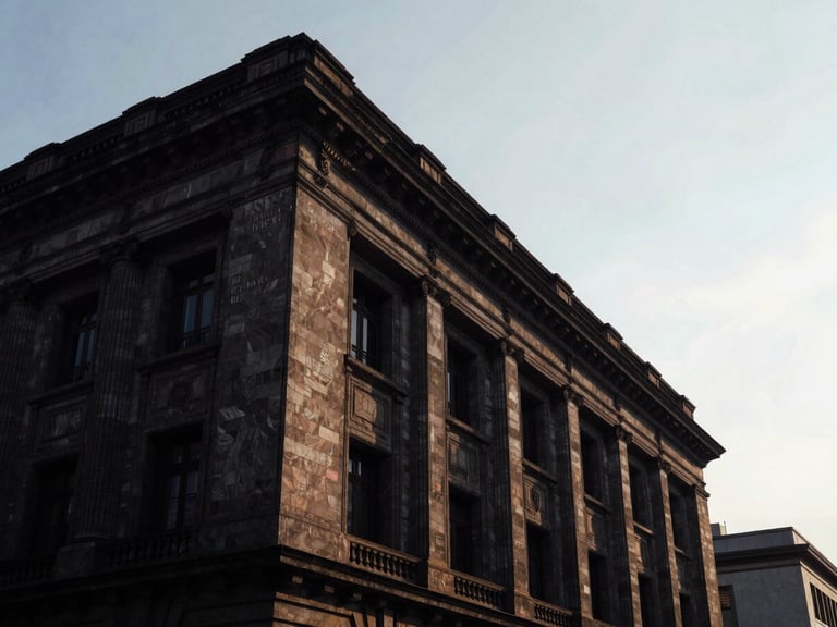 Low-angle dramatic editorial of the Suprema Corte de Justicia de la Nación in Mexico City, sharp architectural lines under overcast daylight, deep navy shadows, 35mm