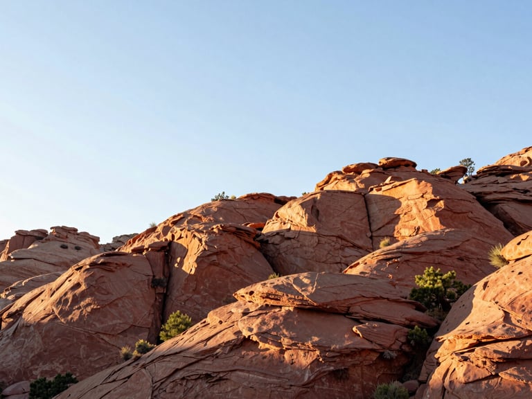 Bright natural morning light on rugged red rock cliffs of Manila Utah, wide 21:9 panoramic framing, negative space on the left, clean editorial style