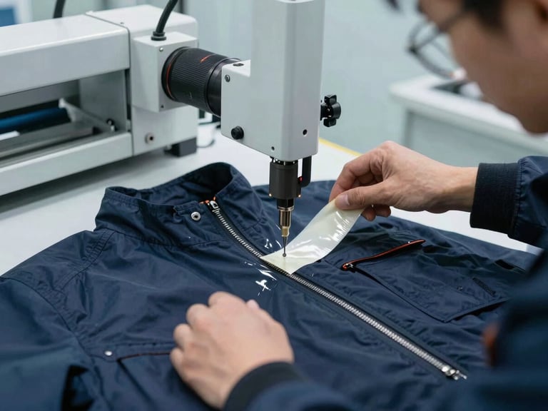 An automated seam-sealing machine applying waterproof tape to the inner seam of a technical jacket, cleanroom environment, bright clinical daylight, sharp industrial focus.