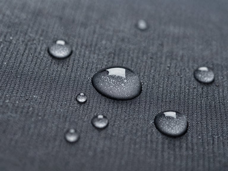 A macro detail shot of water droplets perfectly beading on a textured dark gray ripstop fabric surface, bright cleanroom daylight, extreme close-up.