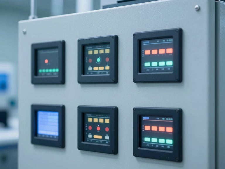 Macro shot of a high-precision cleanroom control panel interface, cool sterile blue-tinted lighting, sharp focus on technical instrumentation and digital readouts.
