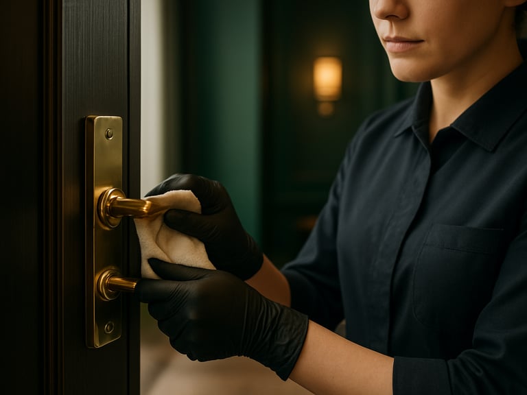 Close-up of a professional cleaner in a neat dark uniform carefully polishing a brass handle in a modern office, soft warm side lighting, 35mm lens