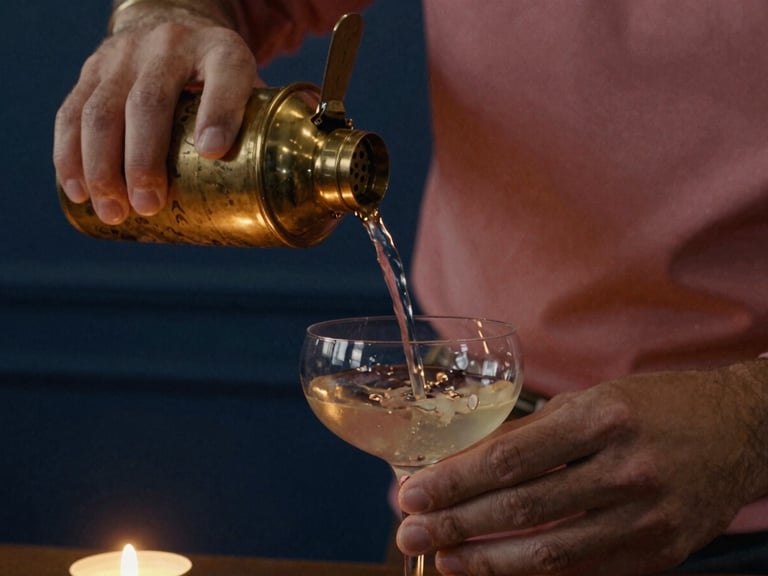 Close-up of hands pouring liquid from a brass shaker into a coupe glass, warm incandescent light, deep shadows.