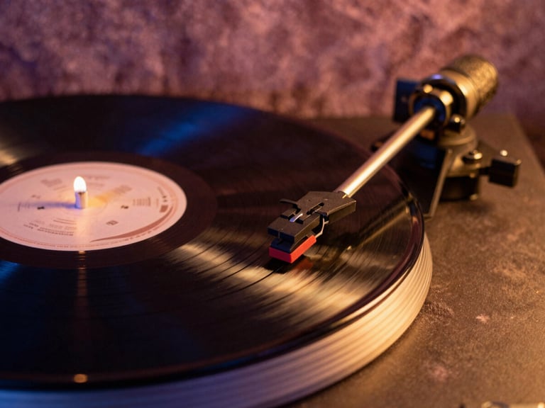 Close-up of a vintage vinyl record player needle spinning on a record, warm amber glow, cozy velvet background.
