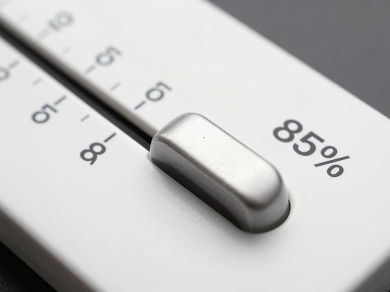 Close-up of a quality slider UI element on a clean white interface, slider handle positioned at 85%, crisp studio lighting, tight crop showing numeric value and label