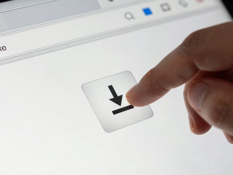 Close-up of a download button being clicked on a browser interface, JPG file icon visible beside it with file size shown, clean bright studio lighting, tight crop of the action moment