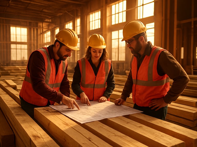 Interior of an active construction site, workers in safety gear discussing blueprints over raw timber beams, golden sunlight streaming through high windows