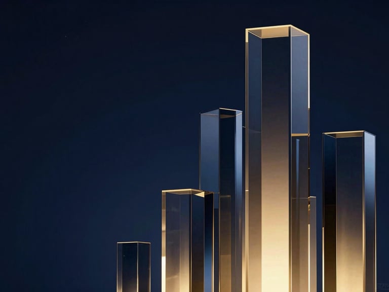 Cinematic premium 3D render of abstract rising geometric glass pillars, glowing with deep navy and soft gold ambient light, dark luxury aesthetic, sharp architectural lines, negative space on the left.