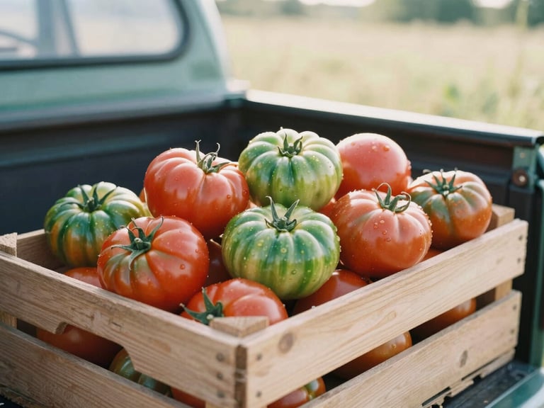 A wooden crate overflowing with freshly picked heirloom tomatoes in deep crimson and forest green, sitting in the bed of a vintage farm truck, soft morning sun, shallow depth of field.