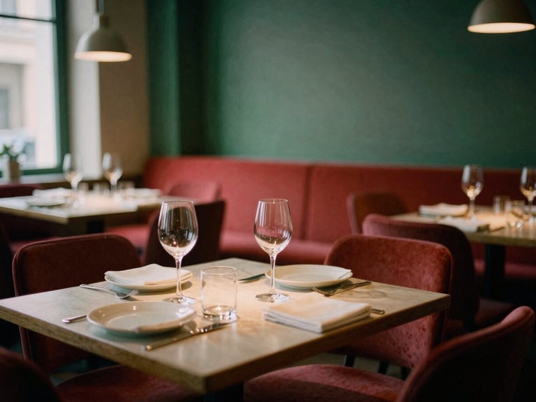Cozy Scandinavian-style restaurant dining room at dusk, warm indoor ambient glow, empty tables set with elegant glassware, soft natural shadows, 35mm film.