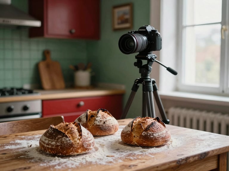 A professional camera on a heavy tripod positioned inside a warm, rustic Scandinavian kitchen, focusing on fresh sourdough loaves on a flour-dusted wooden table, soft morning window light, rich crimson tones.