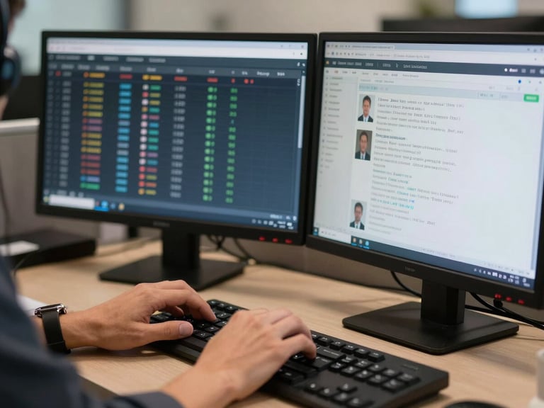 Close-up of call center agent hands on keyboard with dual monitors showing call queue data and customer interaction logs, authentic overhead office lighting, documentary framing, no theatrical effects
