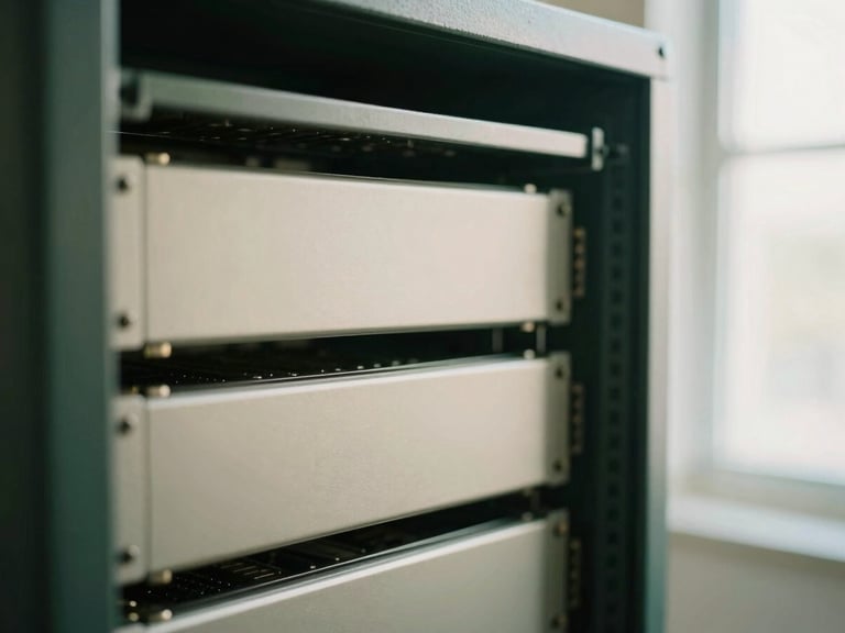 Close-up of clean physical server hardware in a well-ventilated cabinet, soft natural window light, muted forest green tones, shallow depth of field