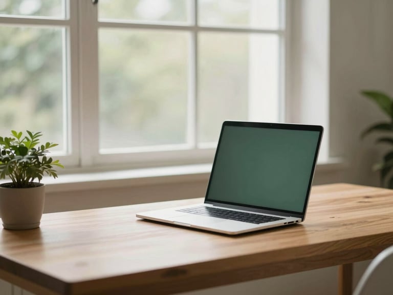 A quiet, organized modern workspace with a clean wooden desk, soft natural light filtering through a window, a single laptop, and a small green plant.