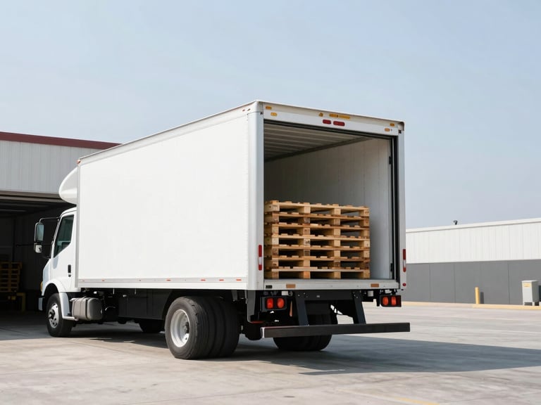 A clean white 26-foot refrigerated box truck backed up perfectly to a concrete loading dock, roll-up door open, showing a secure cargo bay with neatly stacked wooden pallets, bright daylight.