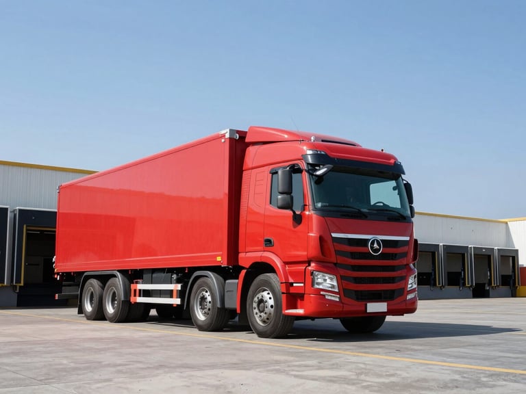 Wide-angle heroic shot under bright natural daylight of a modern red cargo truck at a clean Peruvian loading dock, high-contrast professional commercial photography, 35mm