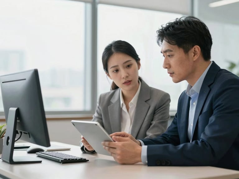 Two professionals in a modern office environment engaged in a focused discussion over a tablet, soft natural office daylight, clean composition.
