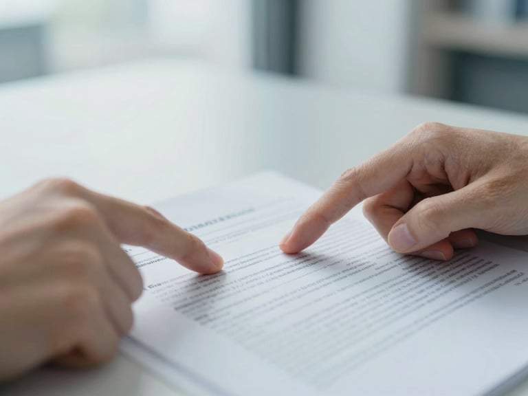 Close-up of hands pointing to a section of a document on a table, emphasizing educational disclaimer text, muted corporate blues, soft natural office daylight.