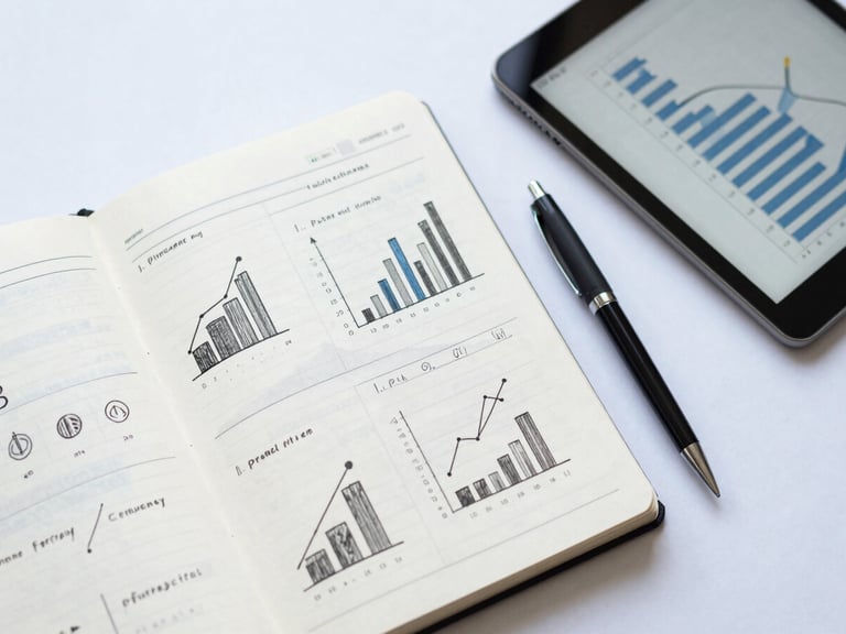 Overhead flat-lay of a notebook with financial concepts, a pen, and a tablet displaying a chart (no flashy lines), soft natural office daylight.