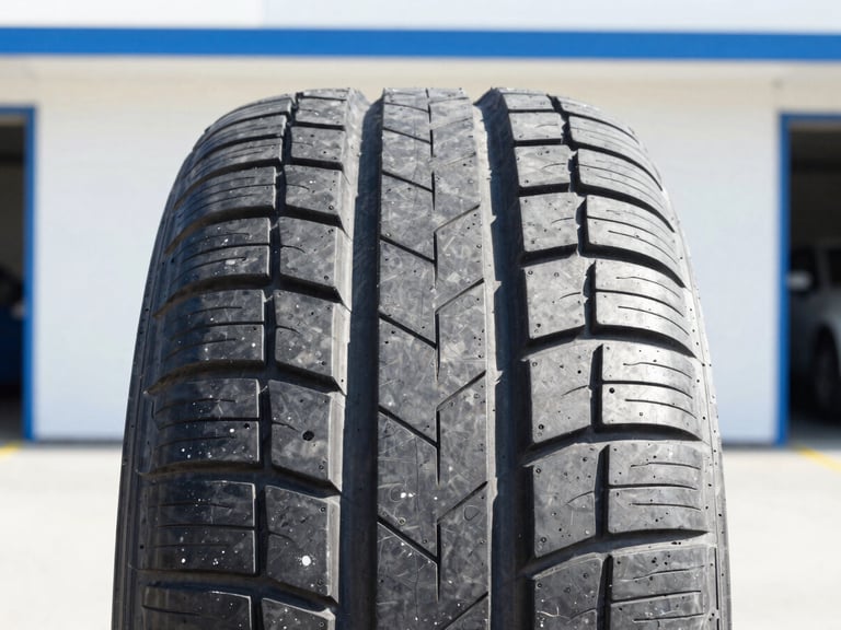 Sharp close-up of high-performance tire tread, bright organized garage bay, crisp daylight, 35mm