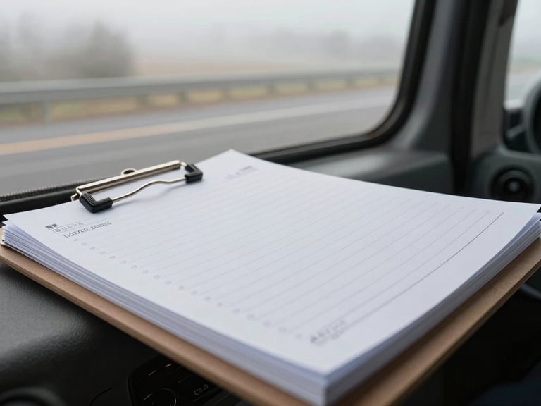 A close-up macro shot of an organized physical logbook on a clipboard inside a truck cab, soft morning highway mist visible through the window