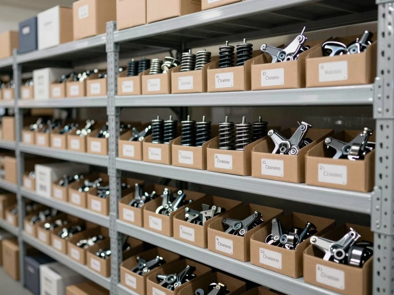 Organized warehouse shelving with neatly labeled boxes of mechanical spare parts, gas springs, and clinical castors, bright neutral lighting