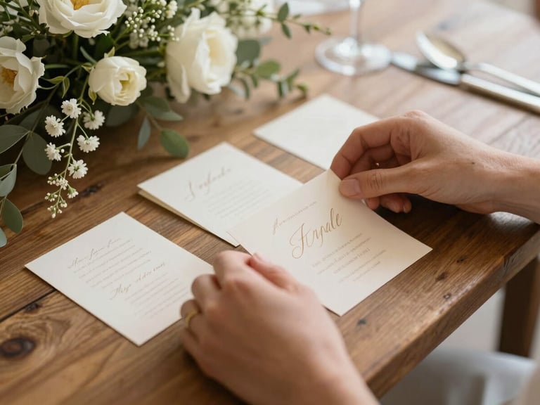 Hands carefully arranging elegant champagne-colored place cards on a rustic wooden table next to delicate white florals, soft morning light.