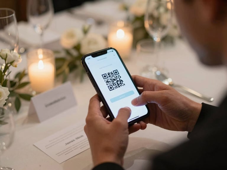 A guest holding a smartphone over a beautifully styled wedding table, scanning a QR code on a place card, the phone screen showing a clean browser upload interface, warm candlelight.