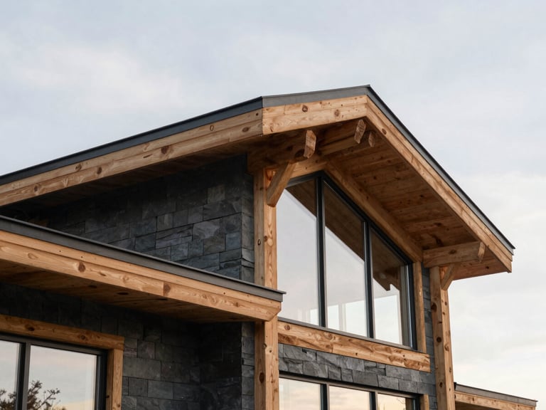 Architectural detail of a modern timber mountain home in Kamas under soft morning window light, clean lines and natural wood textures.