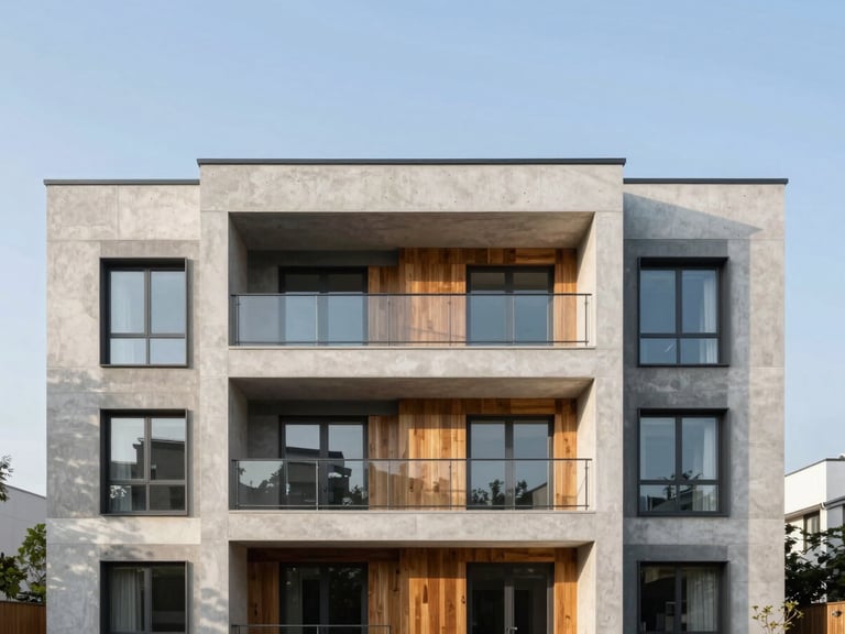 Straight-on architectural photograph of a modern residential building exterior, clean concrete lines, soft morning daylight, sharp focus.