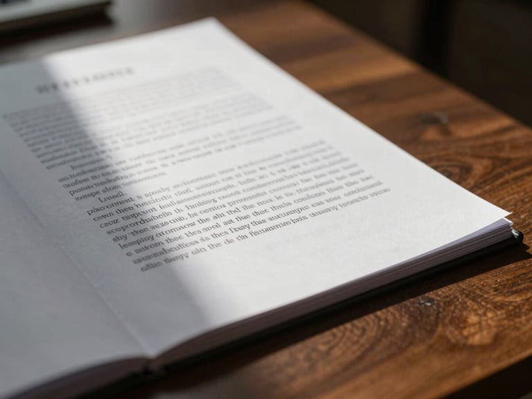 Macro detail of a legal brief on a dark wooden desk, soft natural window light casting deep shadows, sober atmosphere, no text visible.