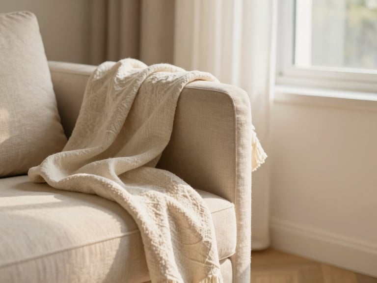 Close-up vignette of a styled bedroom corner, a draped linen throw on an armchair, soft golden-hour light, cream and beige tones, shallow depth of field