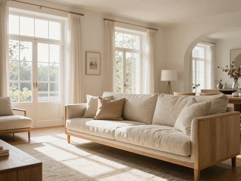 Bright, airy living room with light oak furniture and cream linen textiles, soft natural sun pouring through large windows, architectural composition, 35mm