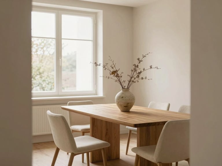Light-filled dining room styled with a light oak dining table, minimalist cream chairs, a ceramic vase with dried branches, soft natural window light, architectural composition
