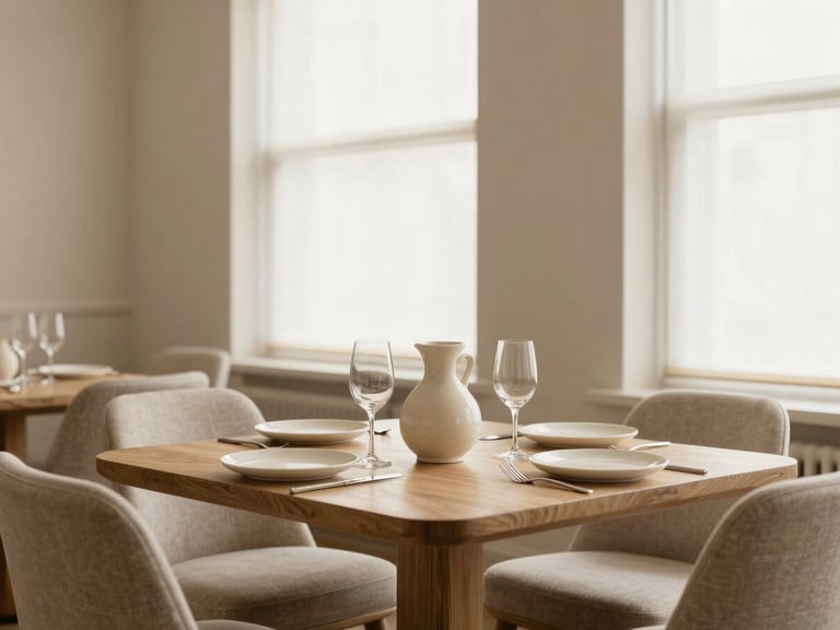 Bespoke dining area styled with light oak table, cream ceramics, and soft neutral linens, warm diffused window light, editorial interior photography, 35mm