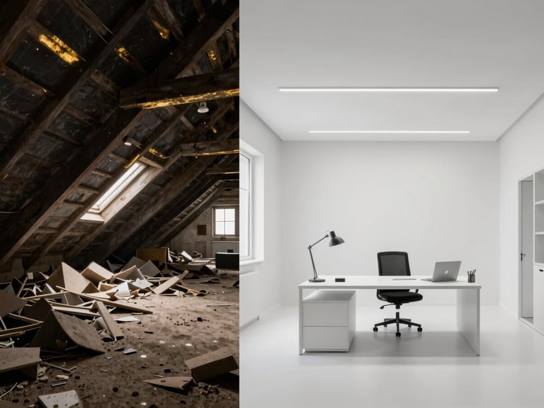 Split screen style showing a dusty cluttered attic on the left and a pristine modern white office with clean lines on the right, architectural photography