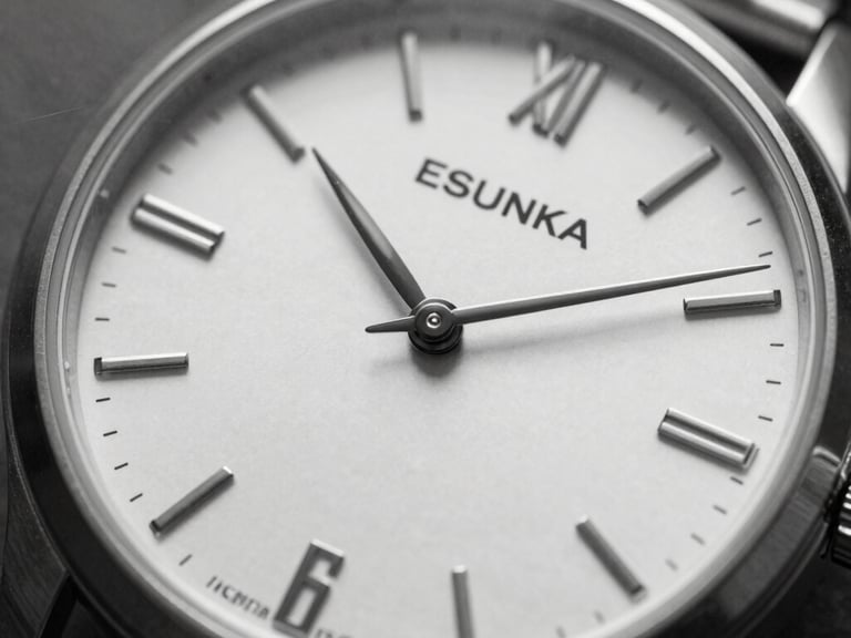 Close-up black and white shot of a minimalist watch face with a leather strap, sharp focus on metal and leather textures, high contrast, 35mm