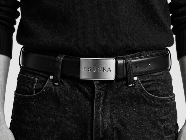 Close-up black and white shot of a textured leather belt with a minimalist metal buckle, sharp focus on material and craftsmanship, high contrast, 35mm