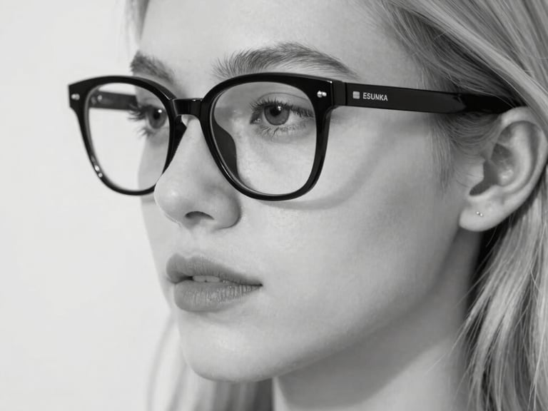 Close-up black and white shot of a matte black eyewear frame, sharp focus on texture and clean lines, high contrast, minimalist background, 35mm