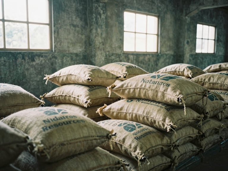Raw burlap coffee sacks stenciled with Nidaros Resources markings stacked inside a historic concrete warehouse in Medan, soft morning light streaming through high windows