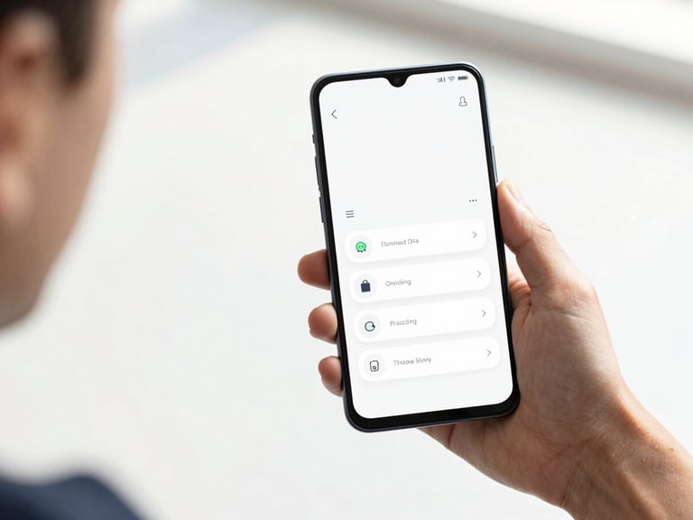 Over-the-shoulder view of a hand holding a clean Android device displaying a minimalist, high-contrast productivity interface under bright natural daylight, 35mm