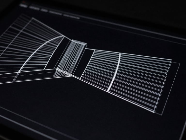 Abstract architectural geometry of a website blueprint on a dark screen, sharp white lines, low-key lighting, 35mm lens