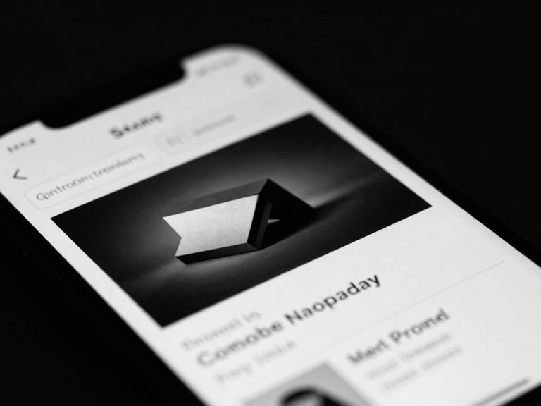 Macro close-up of a sleek, dark smartphone displaying a high-conversion website interface, dramatic chiaroscuro lighting, 35mm lens