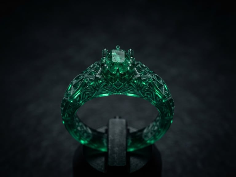 Macro studio shot of translucent green resin printed ring model with ultra-crisp micro-prongs, dramatic dark lighting, emerald edge highlights, high viscosity detail.
