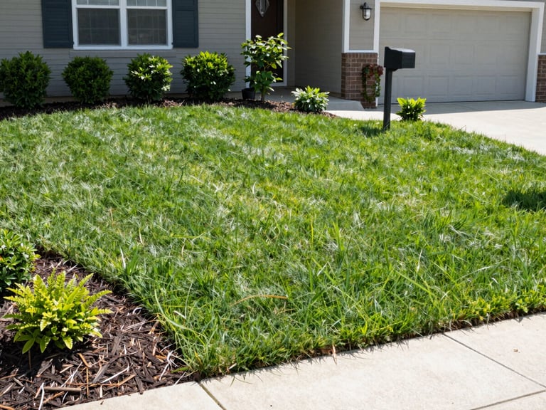 Residential front yard six months after installation — bright midday light, grass fully established and dense, mulch beds settled, low shrubs leafed out, house facade and mailbox visible, no staging or styling