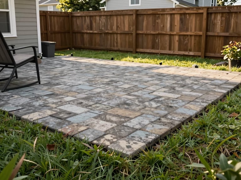 Residential backyard patio one season after installation — afternoon natural light, pavers weathered slightly and settled, grass grown flush to the edges, wooden fence in background, homeowner's outdoor chair in casual use, house visible at left edge