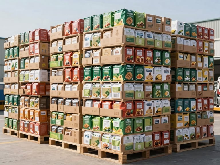 Large, neatly stacked cartons of various packaged goods in a commercial warehouse, wide environmental shot, bright natural daylight, sharp focus, professional logistics and agriculture