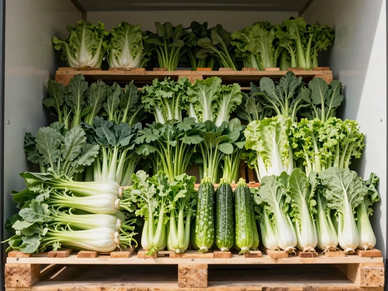 Pristine, organized pallets of fresh green vegetables inside a cold storage truck, bright natural daylight, sharp focus, professional logistics and agriculture