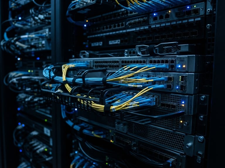 Tight macro shot of high-end enterprise network hardware, clean fiber optic cable management, cool low-key blue architectural lighting, 35mm