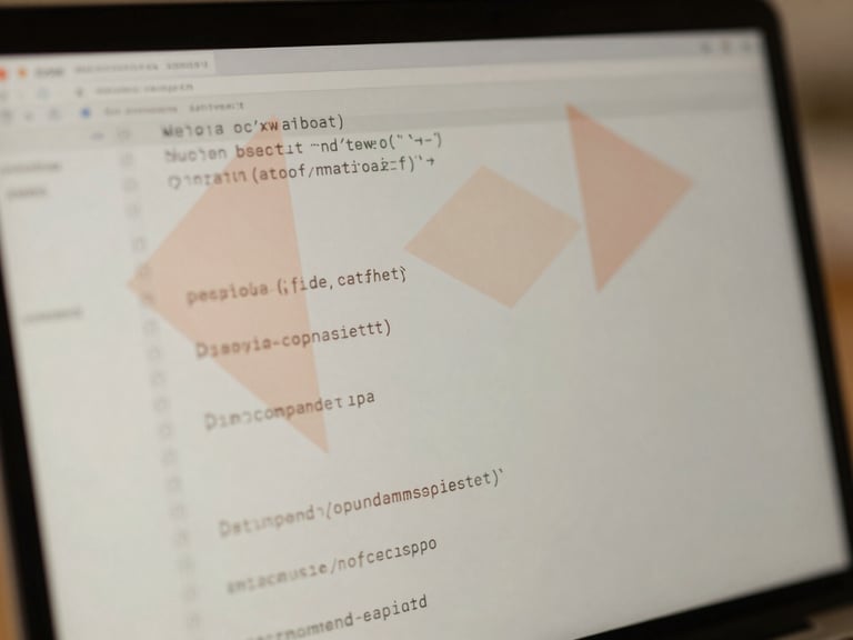Macro shot of a laptop screen displaying web development code, with abstract geometric shapes representing data flow in the background, soft natural daylight, muted terracotta and sand tones, shallow depth of field.